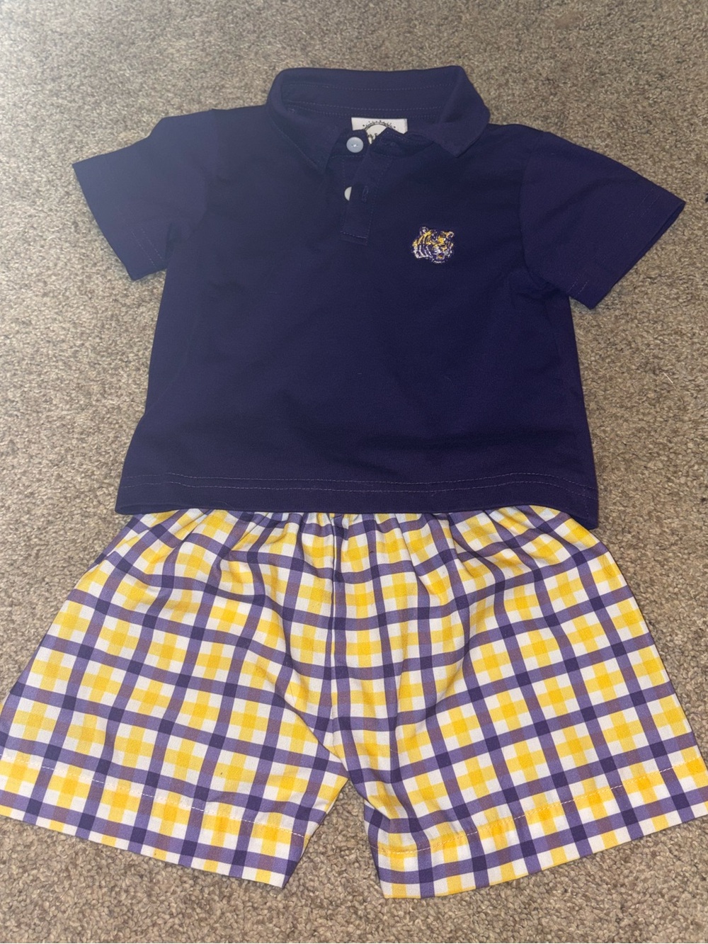 Kids Purple Polo Top and Yellow-Purple Plaid Shorts Set